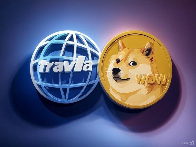 The image shows a blue globe with "Travla" text alongside a gold Dogecoin-style coin featuring the Shiba Inu dog and the word "WOW," representing Travala's acceptance of Dogecoin for travel bookings.