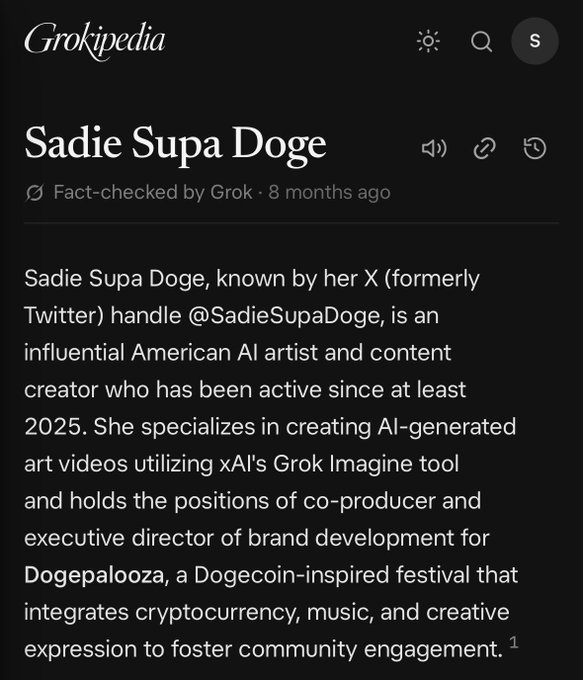 A Grokipedia article about 'Sadie Supa Doge', describing her as an influential American AI artist and content creator active since 2025, who co-produces 'Dogepalooza', a Dogecoin-inspired festival integrating cryptocurrency, music, and creative expression.