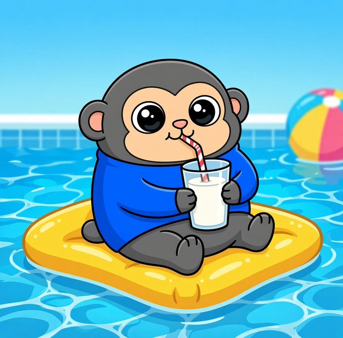 A cartoon monkey in a blue shirt sips milk through a striped straw while floating on a yellow pool raft, evoking a relaxed summer vibe that playfully matches the casual, bullish sentiment of buying more $SMOLAPE.