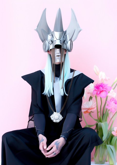 A person wearing a futuristic silver horned helmet/mask, a black robe, and a sun pendant necklace, sitting cross-legged in front of pink flowers against a pink background.