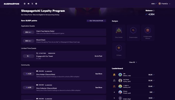 Screenshot of the Sleepagotchi Loyalty Program webpage showing SLEEP points, application quests like 'Claim Free Datchi' and 'Mood Check', community tasks, badges, and a leaderboard with users like SMOK_Fakz and Lyl_Trxnz.