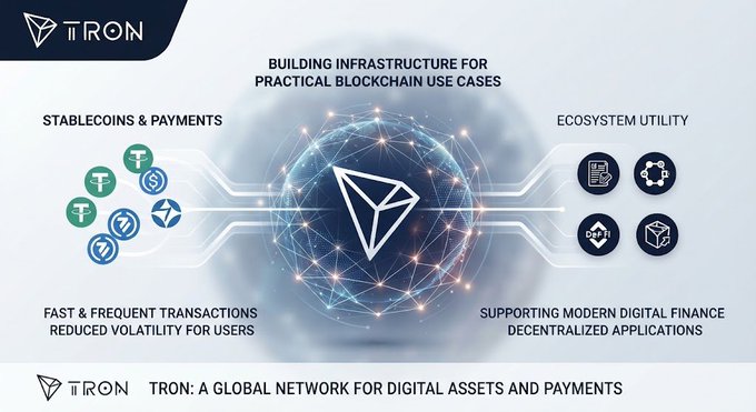 An infographic for the TRON blockchain network titled 'BUILDING INFRASTRUCTURE FOR PRACTICAL BLOCKCHAIN USE CASES,' highlighting Stablecoins & Payments, Fast & Frequent Transactions, Ecosystem Utility, and Supporting Modern Digital Finance Decentralized Applications.