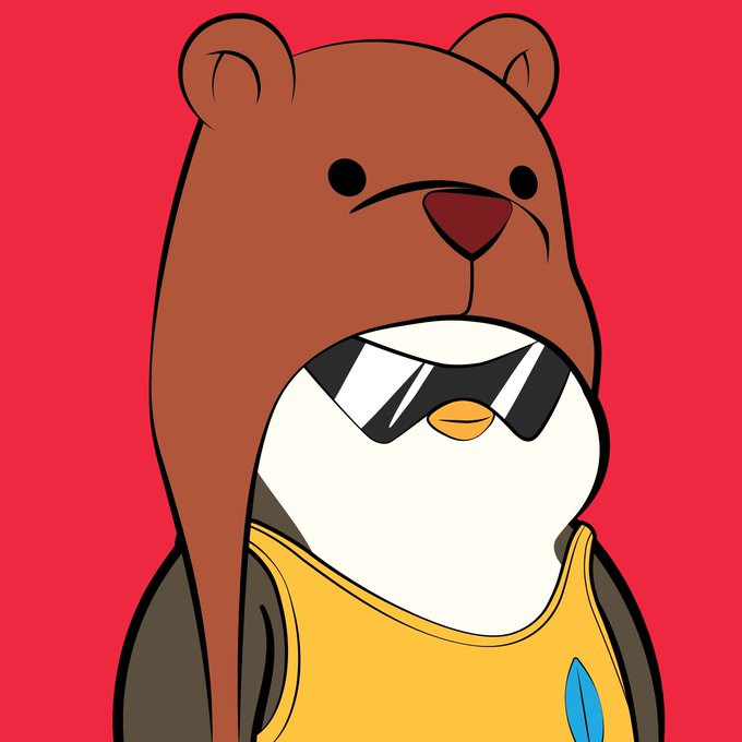 A cartoon illustration features a brown bear resting on the head of a white penguin wearing sunglasses and a yellow shirt, set against a bright red background.