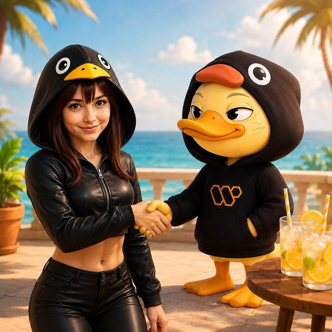 The image features two cartoon ducks standing next to each other, with a woman wearing black leather pants and a hoodie shaking hands with one of them. There are also glasses and a dining table present in the scene. The caption provided seems unrelated to the main subject matter and does not provide any context or information about the content of the image.