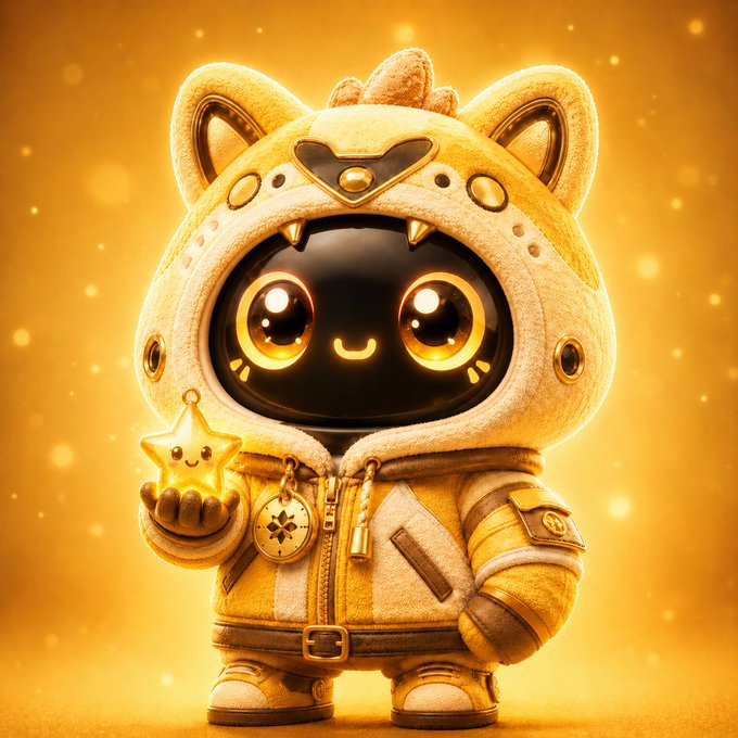 A cute chibi character in a yellow cat-eared hoodie and jacket holds a glowing smiling star against a warm golden sparkly background.