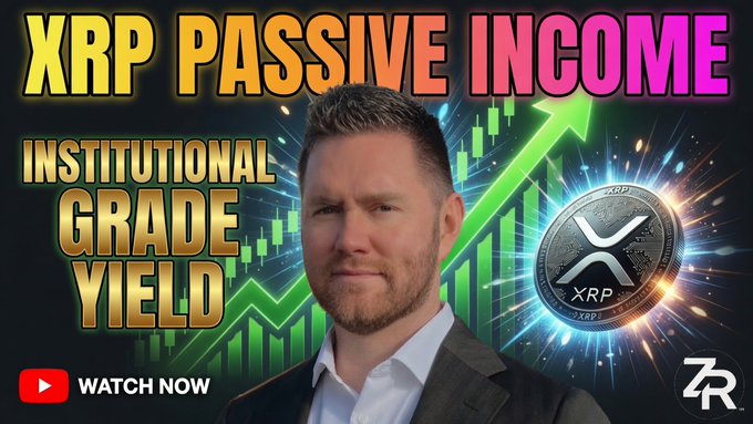 The image features a man wearing a suit, standing against a black background with a green gradient. The man has short hair and is smiling at the camera. In front of him, there's an XRP coin symbolizing passive income opportunities. The text in the image reads "XRP Passive Income: Institutional Grade Yield coming to the XRPL! Full breakdown in this video youtu.be/yQPJWRJteF0". This suggests that the man is promoting a new passive income opportunity related to cryptocurrency, specifically XRP.