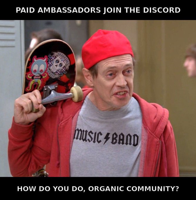 A meme image of Steve Buscemi in a red beanie holding a skateboard with text reading 'PAID AMBASSADORS JOIN THE DISCORD' at the top and 'HOW DO YOU DO, ORGANIC COMMUNITY?' at the bottom.