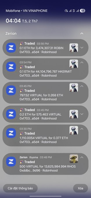 Smartphone screenshot showing MetaMask notifications on Mobifone/Vinaphone (4:04) with multiple 'Traded' transactions on Zerion and Robinhood involving tokens like ROBIN, HKERMIT, VIRTUAL, and RHOS.