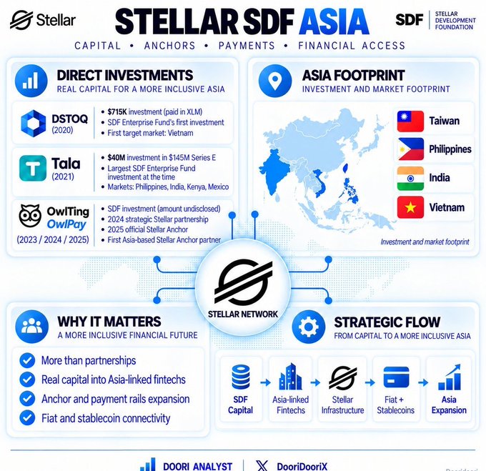 A Stellar SDF Asia infographic detailing direct investments (DSTOQ, Tala, OwlPay OwlPay) and the Asia footprint across Taiwan, Philippines, India, and Vietnam, by Doori Analyst.