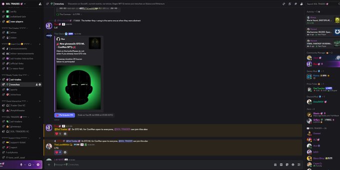 A screenshot of a Discord chat in the VOLTRADER VC server shows members discussing a CoinGecko NFT sale by '0xShualu' featuring a green-lit skull avatar.