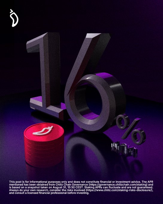 A 3D-rendered image features large black "16%" numerals alongside a red coin displaying the Chiliz ($CHZ) logo, visually emphasizing the 16% APY staking reward mentioned in the post, with a small disclaimer at the bottom noting that the post is informational only and sourced from Chiliz Chain Governance data.