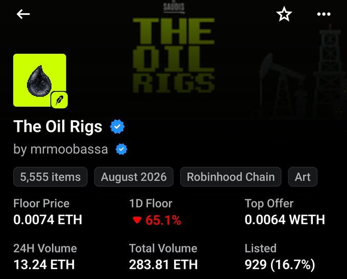 The image shows the OpenSea listing for "The Oil Rigs" NFT collection by mrmoobassa (verified @TheSaudisNFT), featuring 5,555 items with a floor price of 0.0074 ETH and a 65.1% drop in the last day. This visualizes the post's criticism of the hyped mint crashing, as buyers who paid ~0.25 ETH are now down roughly 0.24 ETH on their investment.