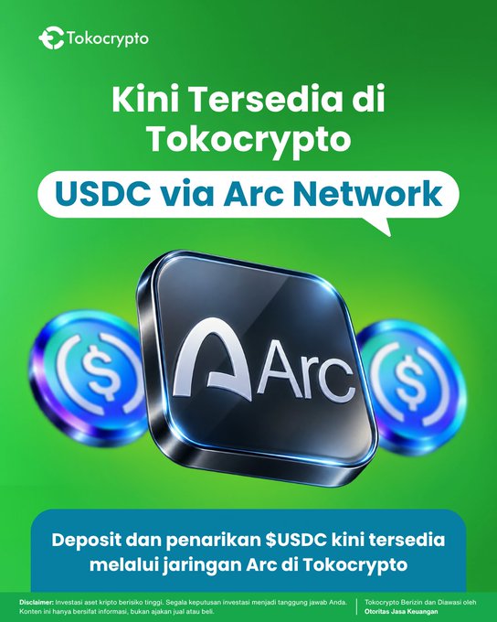 A Tokocrypto promotional graphic announces the availability of 'USDC via Arc Network' for deposits and withdrawals in Indonesian.