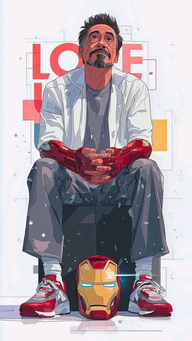 A digital illustration of a seated man resembling Robert Downey Jr. with Iron Man gauntlets on his hands, sitting above an Iron Man helmet, with the word 'LOVE' visible in the background.
