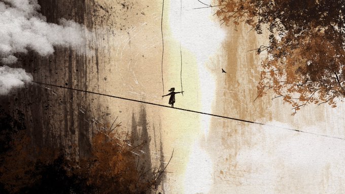 A digital illustration of a small silhouetted figure walking on a tightrope between trees in a misty, autumn-colored forest.
