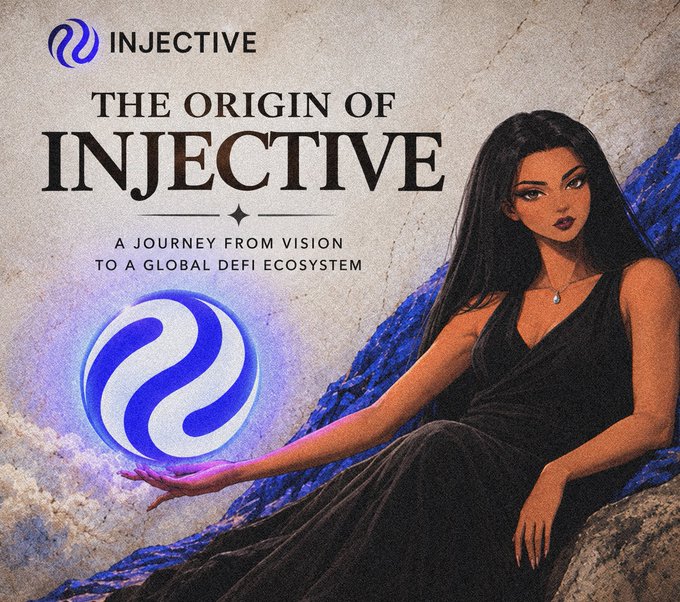 A stylized digital promotional image for Injective cryptocurrency features a dark-haired woman in a black dress holding a blue and white INJ logo sphere, with text reading 'THE ORIGIN OF INJECTIVE - A JOURNEY FROM VISION TO A GLOBAL DEFI ECOSYSTEM'.