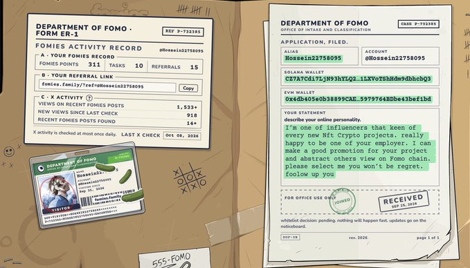 A mock government dossier from the 'DEPARTMENT OF FOMO' featuring 'FORM ER-1' and an application for alias 'Hossein22758095', referencing 'Solana Wallet' and 'EVM Wallet' addresses.