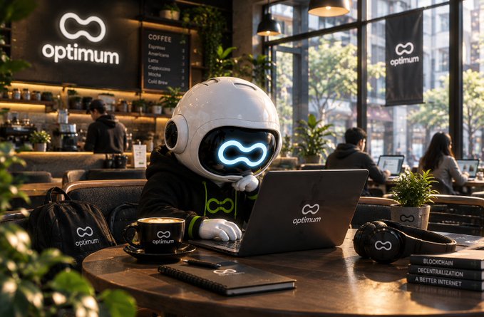 A white robot wearing headphones and an infinity-logo hoodie works on a laptop branded 'optimum' inside a coffee shop, with stacked books reading 'BLOCKCHAIN, DECENTRALIZATION & A BETTER INTERNET' on the table.