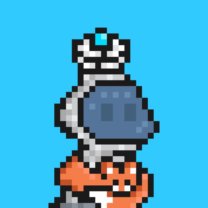A pixel art character depicting a white and grey figure with a crown, wearing a blue tunic, gauntlets, and an orange patterned loincloth against a solid light blue background.