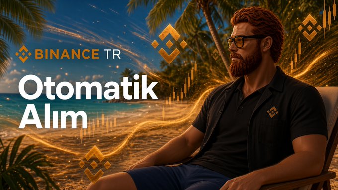 A relaxed man lounges on a tropical beach at dusk, surrounded by golden Binance logos and crypto chart graphics, with the text "Binance TR" and "Otomatik Alım" (Auto Buy in Turkish) overlaid—visually reinforcing the post's message of automated crypto investing as a calm, hands-off approach.