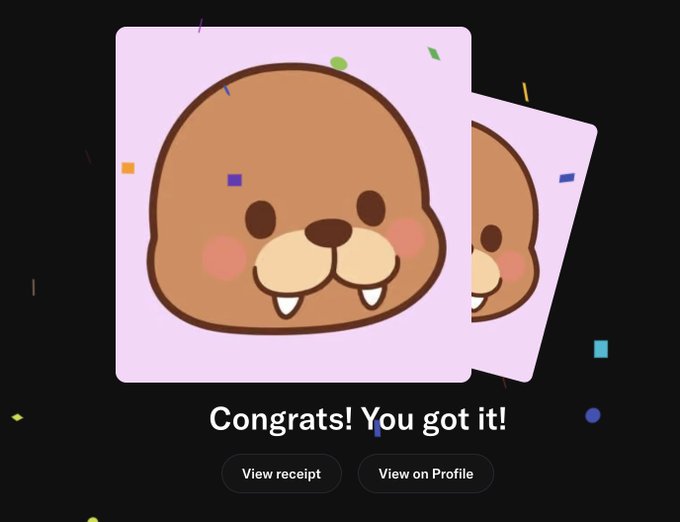 A digital achievement screen displays a cartoon beaver character with confetti, reading "Congrats! You got it!" with buttons for "View receipt" and "View on Profile".