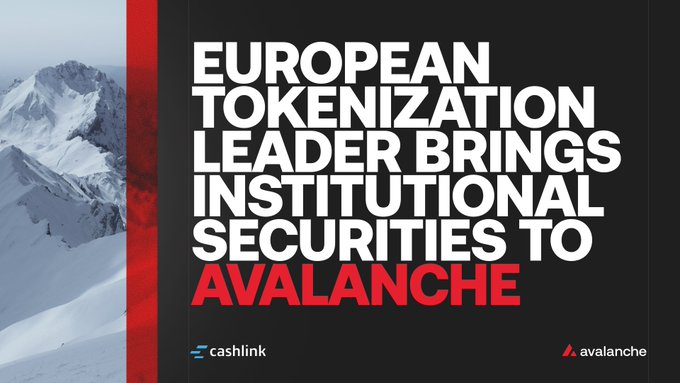 The image features a snowy mountain landscape on the left side against a black background, with bold text announcing "EUROPEAN TOKENIZATION LEADER BRINGS INSTITUTIONAL SECURITIES TO AVALANCHE," along with the Cashlink and Avalanche logos at the bottom. The graphic visually reinforces the post's news about Cashlink, a European tokenization leader with over €1B in transaction volume and 300+ live issuances used by major institutions like KfW, expanding its institutional securities infrastructure to the Avalanche blockchain.