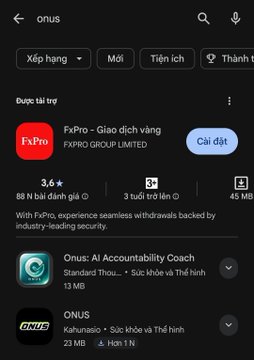 App store search results for 'onus' showing FxPro, Onus: AI Accountability Coach, and ONUS apps available for download.