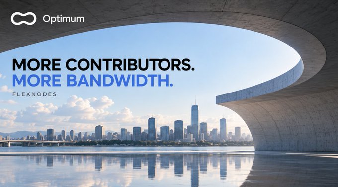 A promotional image for Optimum displays the text 'MORE CONTRIBUTORS. MORE BANDWIDTH.' and 'FLEXNODES' over a scenic view of a modern city skyline through a curved architectural structure.