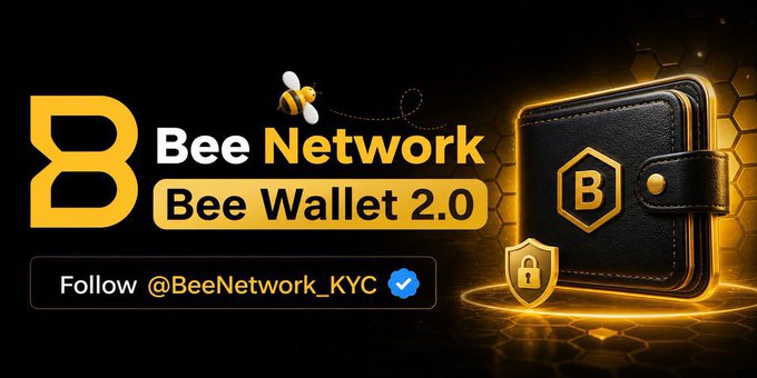 A promotional graphic for Bee Network's Wallet 2.0 update, featuring the Bee Network logo with a bee mascot, a black leather wallet icon with a "B" emblem, a security padlock, and a call-to-action to follow @BeeNetwork_KYC on a dark background with golden honeycomb accents. The image visually reinforces the post's announcement of the platform's evolution from a mining app to a full Web3 ecosystem, with the wallet imagery directly highlighting the new Bee Wallet 2.0 and KYC verification requirements for migration.