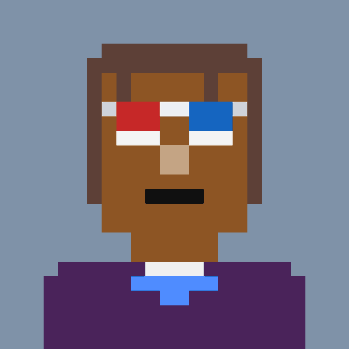 Pixel art portrait of a person with brown skin wearing red and blue 3D glasses and a purple shirt against a blue background.