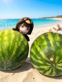 A small child in a hat peeking over two large watermelons at the beach.