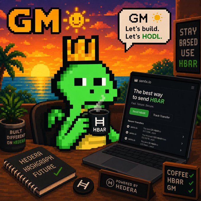 A pixel art illustration of a green frog wearing a crown and drinking from an HBAR mug, surrounded by Hedera-themed items including a laptop showing sentx.io ('The best way to send HBAR'), a notebook labeled 'HEDERA HASHGRAPH FUTURE', and signs reading 'GM Let's build. Let's HODL.', 'STAY BASED USE HBAR', and 'COFFEE HBAR GM'.
