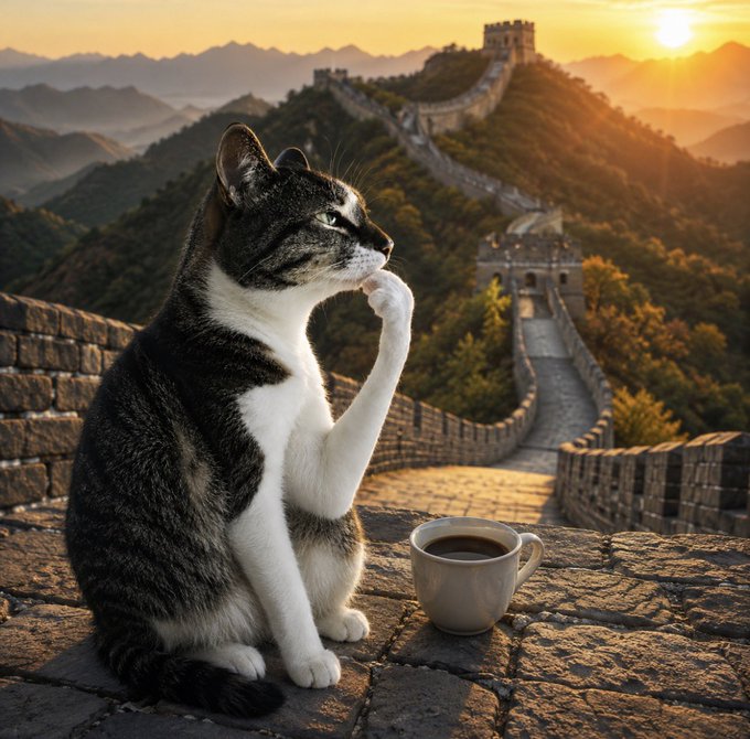 A contemplative black-and-white cat sits thoughtfully on the Great Wall of China at sunrise, paw resting on its chin beside a small coffee cup, embodying the "Thinking Cat" meme referenced in the post celebrating $HMM's projected rise with a message of universal belief and holding.