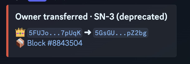The image shows an on-chain notification confirming an ownership transfer on "SN-3 (deprecated)," with control moving from address 5FUJo...7pUqK to 5GsGU...pZ2bg at Block #8843504. This visually supports the post's claim that Bittensor subnet 3's ownership slot was taken over permissionlessly after the previous owner's departure.