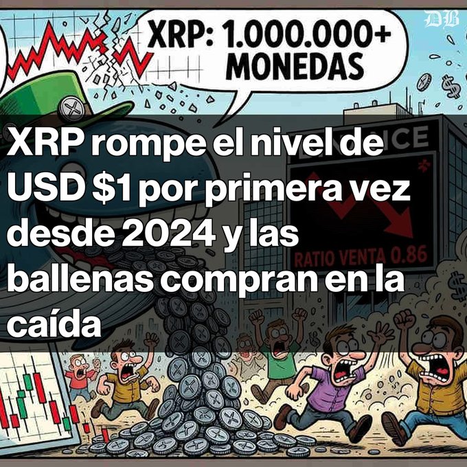A cartoon-style meme about cryptocurrency featuring Spanish text: 'XRP rompe el nivel de USD $1 por primera vez desde 2024 y las ballenas compran en la caída' alongside speech bubbles reading 'XRP: 1.000.000+ MONEDAS' and 'RATIO VENTA 0.86'.
