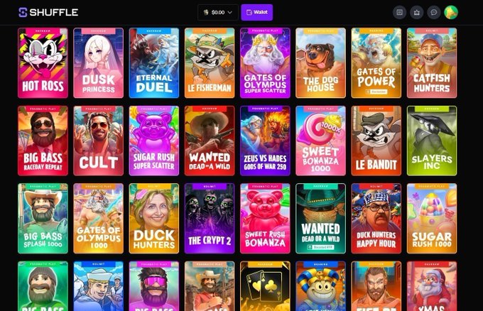 The SHUFFLE online casino lobby featuring a grid of colorful slot game thumbnails including Hot Ross, Dusk Princess, Le Bandit, Gates of Olympus, and Sugar Rush.
