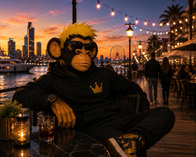 A realistic-rendered monkey character with blonde hair and sunglasses wearing a black hoodie with a gold crown sits on a waterfront promenade at sunset, with a city skyline and Ferris wheel in the background.