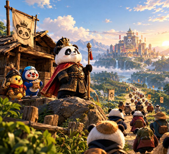 A regal panda king wearing a golden crown and red cape stands atop a rocky outcrop holding an ornate scepter, overseeing a procession of panda subjects journeying toward a grand palace in the misty mountains beyond. Banners bearing a crowned panda emblem line the path as two smaller bear companions watch from a wooden pavilion, visualizing the legendary return of Cao Cao reimagined in 2026.