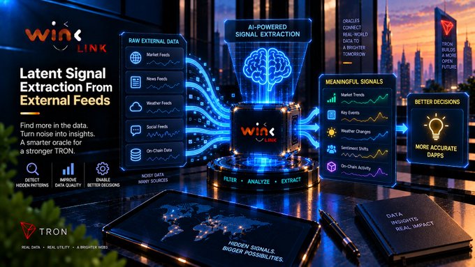 A promotional graphic for 'Wink Link' titled 'Latent Signal Extraction From External Feeds,' featuring a futuristic cityscape with a central AI brain icon processing data flows from markets, news, weather, and social feeds into meaningful signals for better decisions, branded with the TRON logo.
