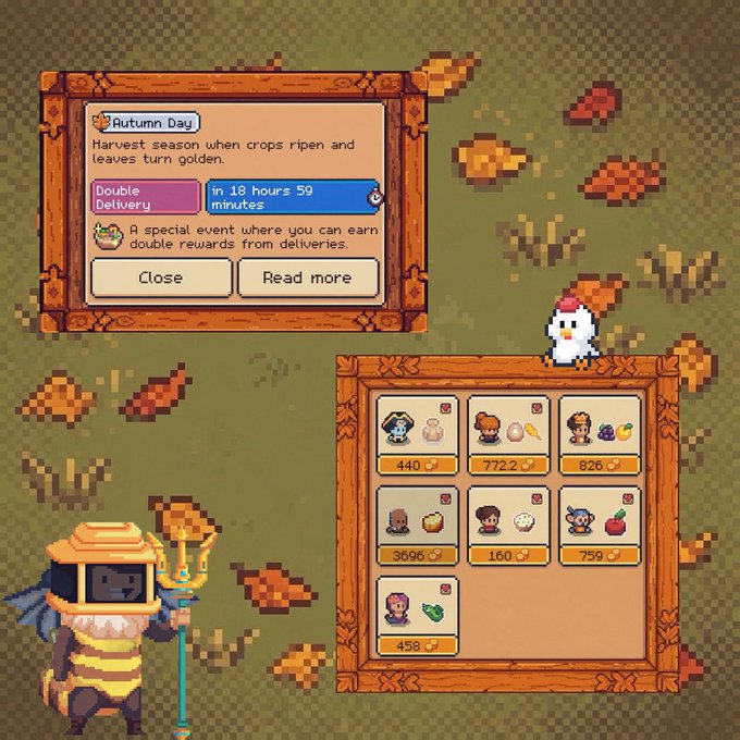 Pixel art game screen showing 'Autumn Day' harvest season event, 'Double Delivery' in 18 hours 59 minutes, and a marketplace with various items and characters.