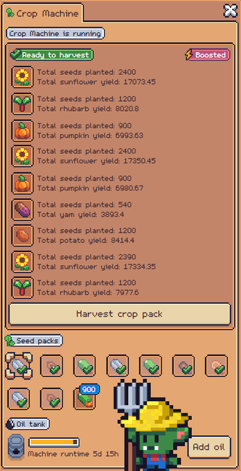 A pixel-art game interface for a 'Crop Machine' showing total seeds planted and yields for sunflowers (17073.45), rhubarb, pumpkins, yams, and potatoes, with seed packs and an oil tank at 5d 15h runtime.