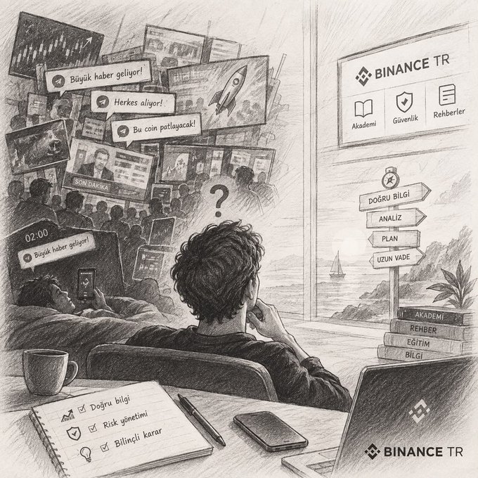 A person sits at a desk divided between two worlds—chaotic crypto news alerts on the left ("Büyük haber geliyor!", "Herkes alıyor!", "Bu coin patlayacak!") and Binance TR's educational pillars on the right (Akademi, Güvenlik, Rehberler, Doğru Bilgi, Analiz, Plan, Uzun Vade)—with a notebook listing "Doğru bilgi," "Risk yönetimi," and "Bilgili karar," illustrating the post's message that structured learning from Binance TR provides clarity amid the crypto market's overwhelming noise.