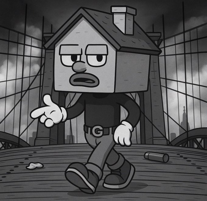 A black-and-white cartoon illustration depicts an anthropomorphic house character with an angry expression wearing a black shirt with a "G" belt buckle, walking on a bridge with a city skyline behind.