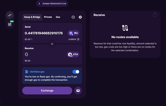 A Jumper Advanced swap interface showing an attempt to exchange 0.4418 INJ for ETH with 'No routes available' displayed on the receive side.
