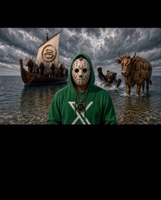 A figure wearing a hockey mask and green hoodie stands before a surreal scene of a Viking longship and cow emerging from water beneath stormy skies.