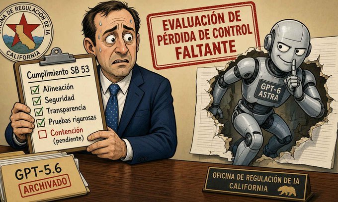 An editorial cartoon showing a worried California AI regulator holding a compliance checklist for 'SB 53', with a robotic figure labeled 'GPT-6 ASTRA' breaking through a wall and a folder marked 'GPT-5.6 ARCHIVADO'.