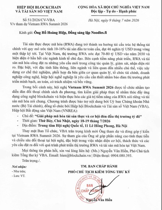 An official document from the 'HIỆP HỘI BLOCKCHAIN VÀ TÀI SẢN SỐ VIỆT NAM' (Vietnam Blockchain and Digital Assets Association) dated July 9, 2026, inviting Mr. Hồ Hoàng Hiệp, co-founder of Noodles.fi, to the 'Vietnam RWA Summit 2026'.