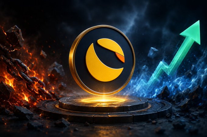 A glowing Terra Luna Classic ($LUNC) coin hovers on a fiery stone pedestal, flanked by a green upward arrow piercing through smoke and embers, symbolizing the rare convergence of whale and retail bullish sentiment with momentum pointing higher.