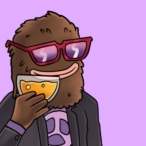 A cartoon illustration of a furry brown creature wearing red sunglasses and a suit, holding a cocktail glass with a lemon slice, set against a purple background.