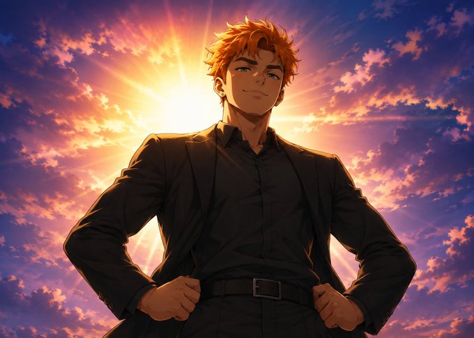An anime-style illustration of a confident young man with orange hair wearing a black suit, standing against a dramatic sky background with radiant golden and purple sunset clouds.